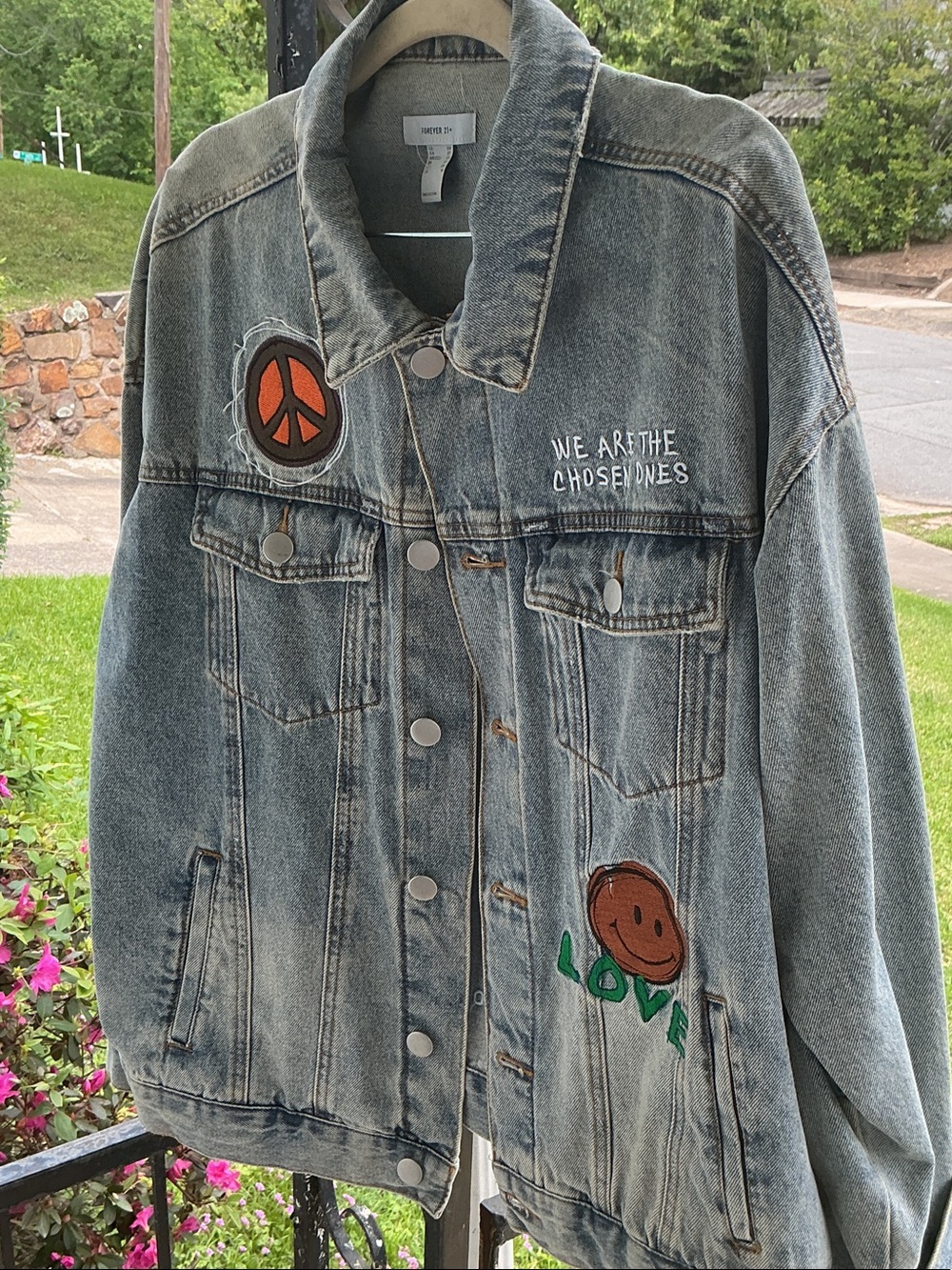 Forever 21 Light Blue Washed Denim Jacket with Patches